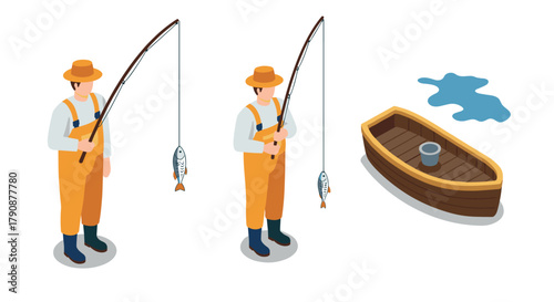 Isometric fisherman with fishing rod and boat on water