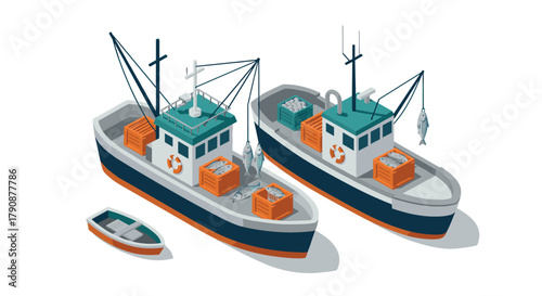 Isometric fishing boats with cargo and equipment on white background