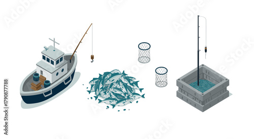 Isometric fishing elements featuring boat, fish, nets, and equipment
