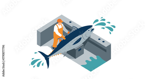 Isometric fisherman handling giant tuna fish in processing facility