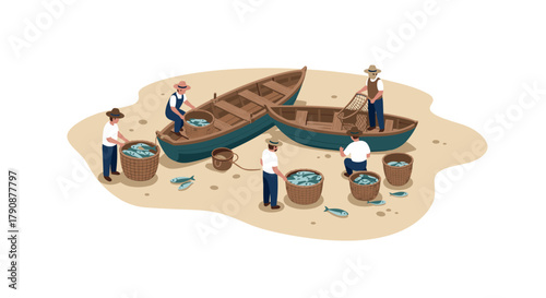 Isometric fishermen unloading catch from boats at beach scene