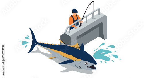Isometric fishing scene with tuna and angler on pier