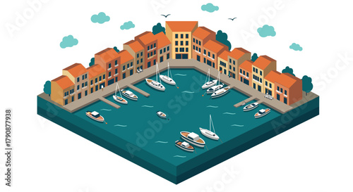 Charming isometric harbor with boats and coastal architecture