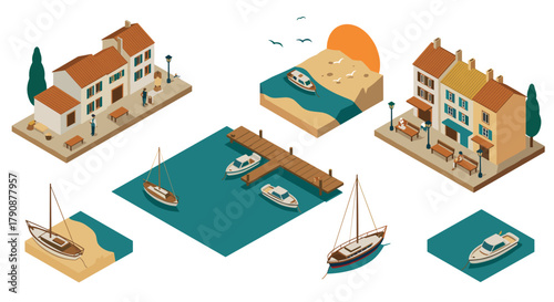 Isometric coastal town scene with boats and sunset in vintage style
