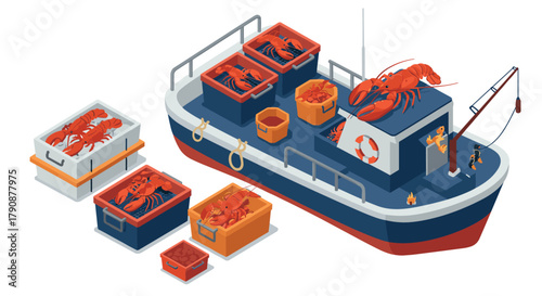 Isometric fishing boat with lobsters and baskets in a detailed nautical scene