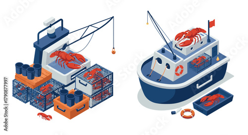Isometric seafood supply scene with lobster traps and fishing boat