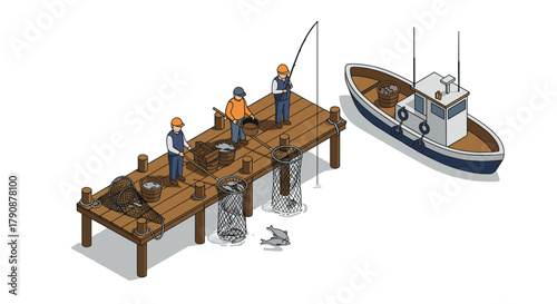 Isometric fishing scene with fishermen on pier and boat in calm waters