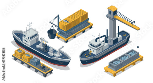 Isometric shipping equipment and cargo vessels with containers and cranes