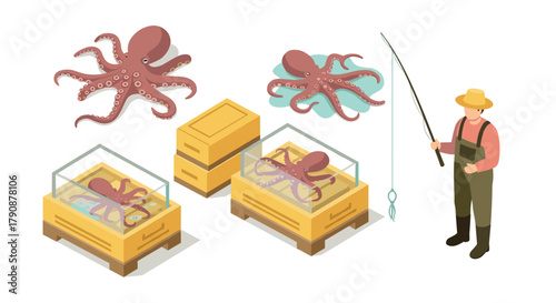 Isometric octopus display with fisherman in aquarium setting