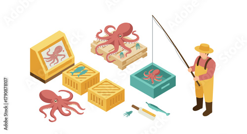 Isometric fisherman scene with octopus and seafood elements
