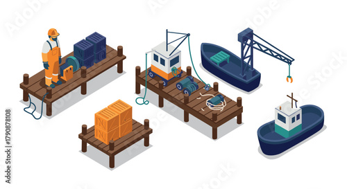 Isometric harbor scene with workers, boats, and crates