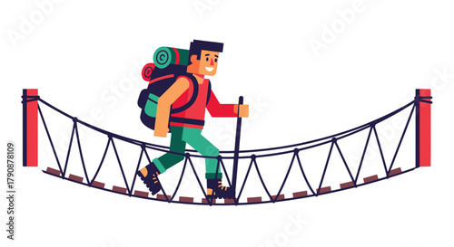 Adventurous Hiker Traversing a Suspension Bridge with Backpack in a Minimalist Style