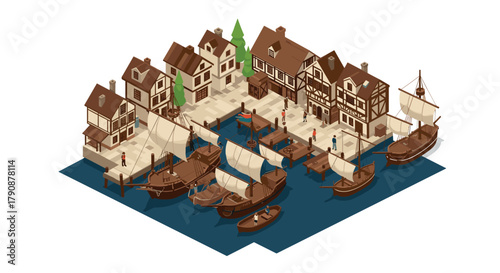 Charming isometric medieval village port scene with sailboats and halftimbered houses