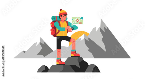 Adventurous Hiker Uses GPS Watch While Mountain Climbing Against a Black Backdrop Illustration