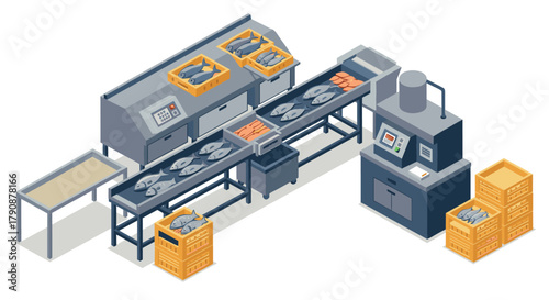 Isometric fish processing factory conveyor belt with modern equipment and packaging