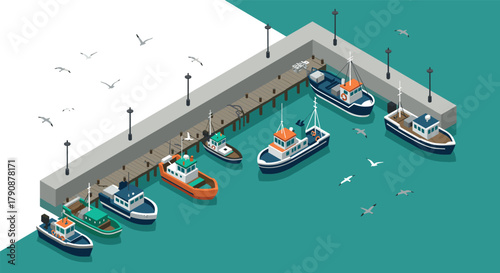 Isometric marina scene with fishing boats docked at pier on calm waters