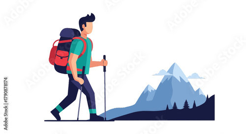 Adventurous Hiker Walking Against Wonderful Mountain Landscape Artwork Illustration