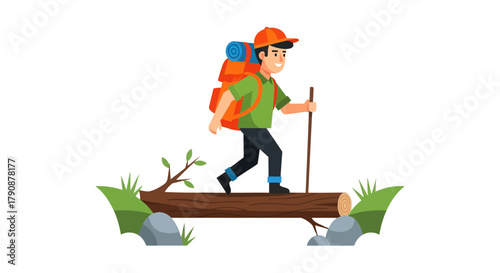 Adventurous Hiker Traversing a Log Bridge Amidst Nature's Undiscovered Wilderness