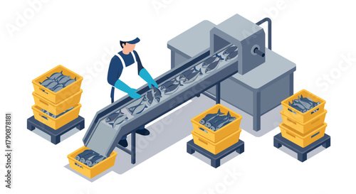Isometric fish processing with conveyor belt and worker in factory setting