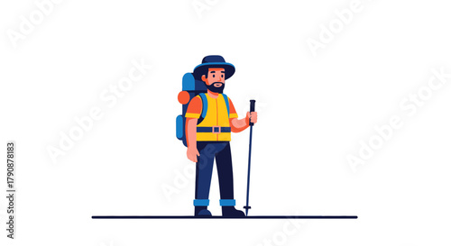 Adventurous Traveler Hiking a Trail With Backpack and Walking Stick in Wilderness