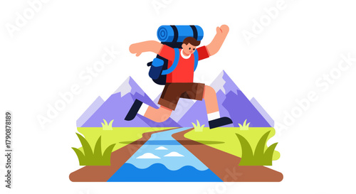 Adventurous Traveler Hiking and Exploring the Mountains Crossing a River with Ease