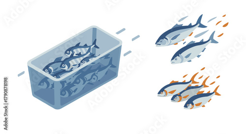 Isometric fish escaping aquarium to freedom