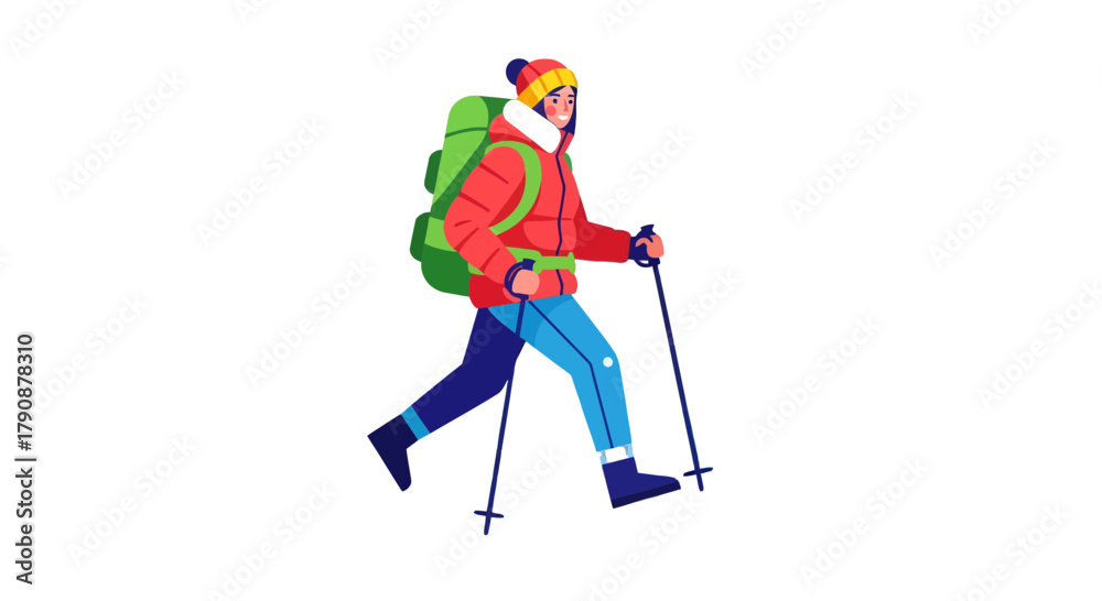 Fototapeta premium Adventurous Hiker Walking With Backpack And Poles Against a Black Backdrop Illustration