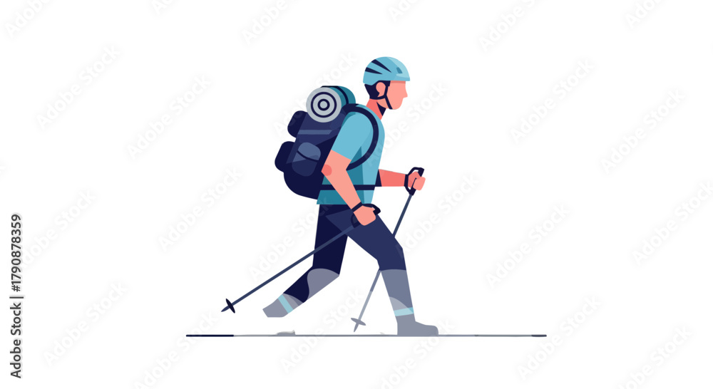 Fototapeta premium Adventurous Hiker Walking With Backpack and Poles Against The Black Background