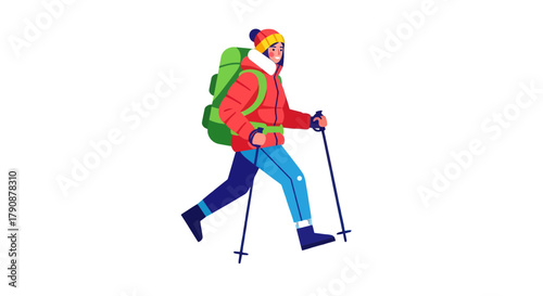 Adventurous Hiker Walking With Backpack And Poles Against a Black Backdrop Illustration