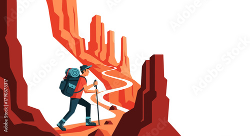 Adventurous Hiker Walking through a Canyon in a Vector Flat Illustration