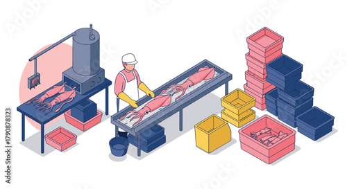 Worker in seafood processing plant handling fresh squid on conveyor belt with stacks of storage bins