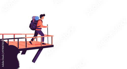 Adventurous Traveler Hiking Towards a Journey on a Wooden Bridge Design Artwork