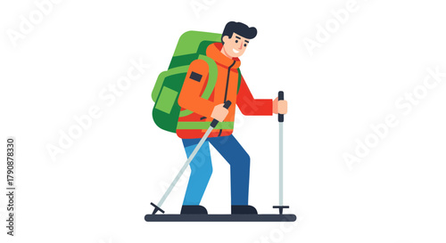 Adventurous Hiker Walking With Backpack and Poles Against Black Background