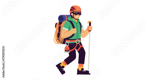 Adventurous Hiker Walking With Backpack And Pole, Ready For Mountain Climbing Adventure