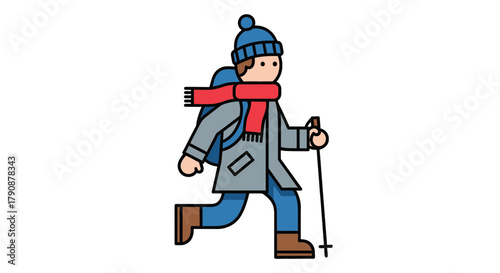 Adventurous Traveler Hiking Through Winter Landscape With Backpack On His Back