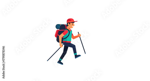 Adventurous Hiker Walking With Backpack and Poles Against Dramatic Black Backdrop