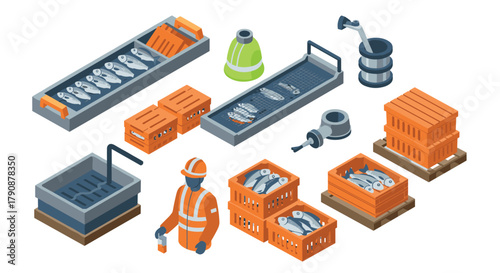 Isometric fish processing set with equipment, workers, and seafood containers
