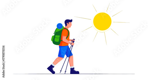 Adventurous Traveler Hiking Towards Bright Sunlight for Exploration and Adventure