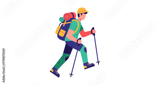 Adventurous Hiker Walking With Backpack and Poles Against The Black Background