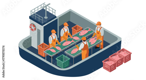 Isometric fish processing factory with workers handling seafood on conveyor belt