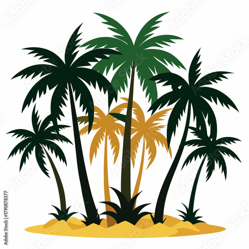 Tropical palm tree pattern with sunset colors and beach background
