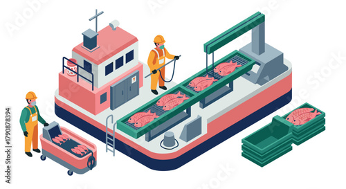 Isometric fish processing on boat with workers and equipment in action