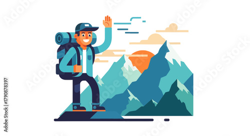 Adventurous Traveler Hiking Towards Mountains With Excitement Reaching Out For Success