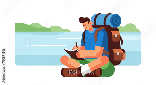 Adventurous Traveler in Nature Sits and Writes, Capturing Moments for Journal Entries