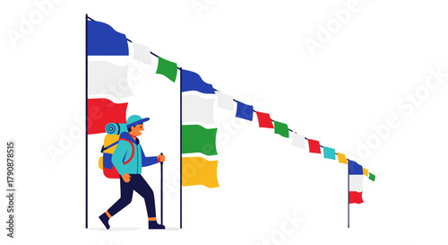 Adventurous Hiker Walking With Prayer Flags Against a Dark Backdrop Creating an Artistic Composition