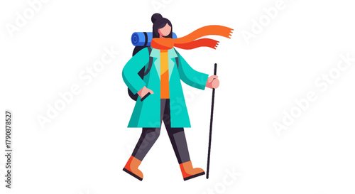Adventurous Traveler in Winter Attire Walking with Backpack and Hiking Stick