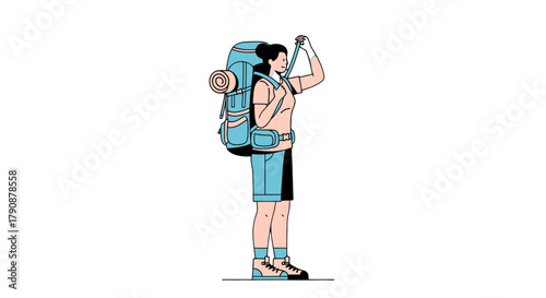 Adventurous Hiker with Backpack Reaching Towards the Sky During Their Hike Expedition