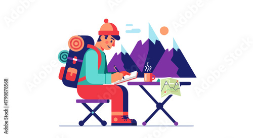 Adventurous Traveler Planning Expedition Near Majestic Mountains with Coffee Break