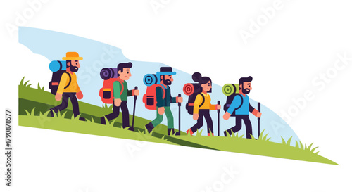 Adventurous Hikers Ascending Mountain Path Under Clear Blue Skies For Recreation