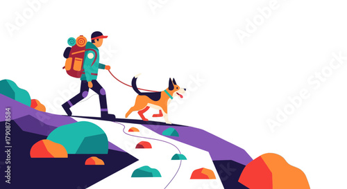 Adventurous Hiker With His Beloved Dog Exploring a Scenic Trail in Nature